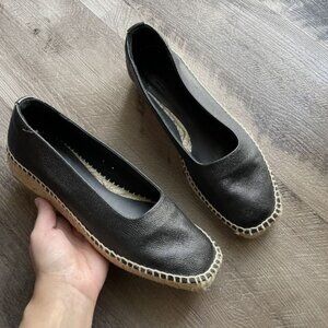Everlane Espadrille Shoes Womens 9.5 Leather Low Wedge Leather Black Flats